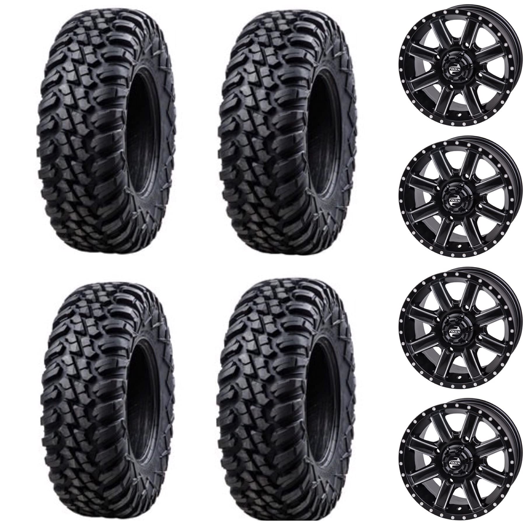 Tusk Racing Four 28x10-14 Tusk TERRABITE 8-Ply Radial UTV Tires mounted on Tusk CASCADE Wheels - For POLARIS applications - 4/156 bolt pattern - Includes Lug Nuts