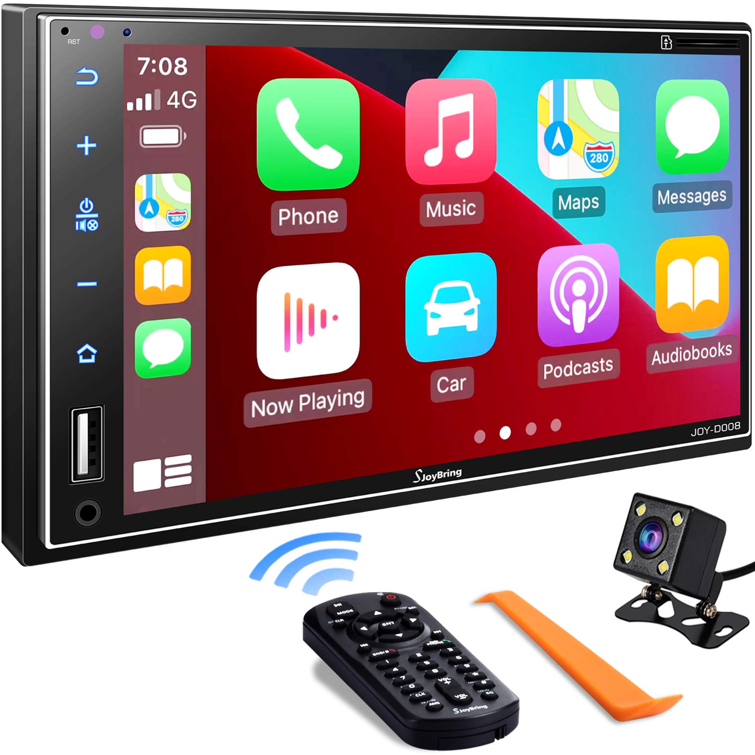  SJOYBRING Double Din Car Stereo Compatible with Apple Carplay, 7 Inch Full HD Capacitive Touchscreen - Bluetooth, Mirror Link, Backup Camera, Steering Wheel, Subwoofer, USB/SD Port, A/V Input, FM/AM...