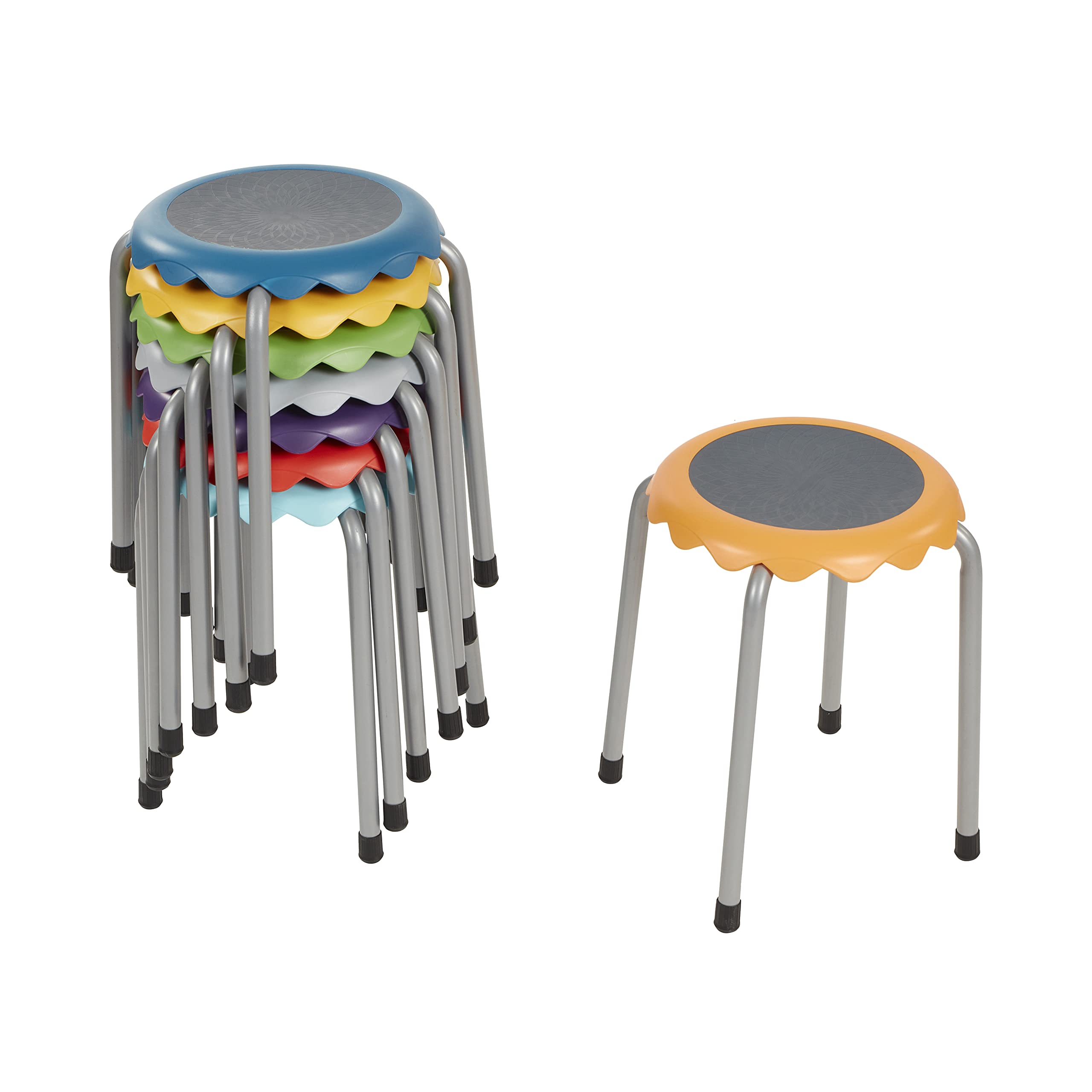 ECR4Kids Daisy Stackable Stool Set, Colorful Metal Stools for Classrooms, Homeschool Learning and Offices, Collaborative Flexible Seating, 17in Seat Height, 8-Piece - Assorted