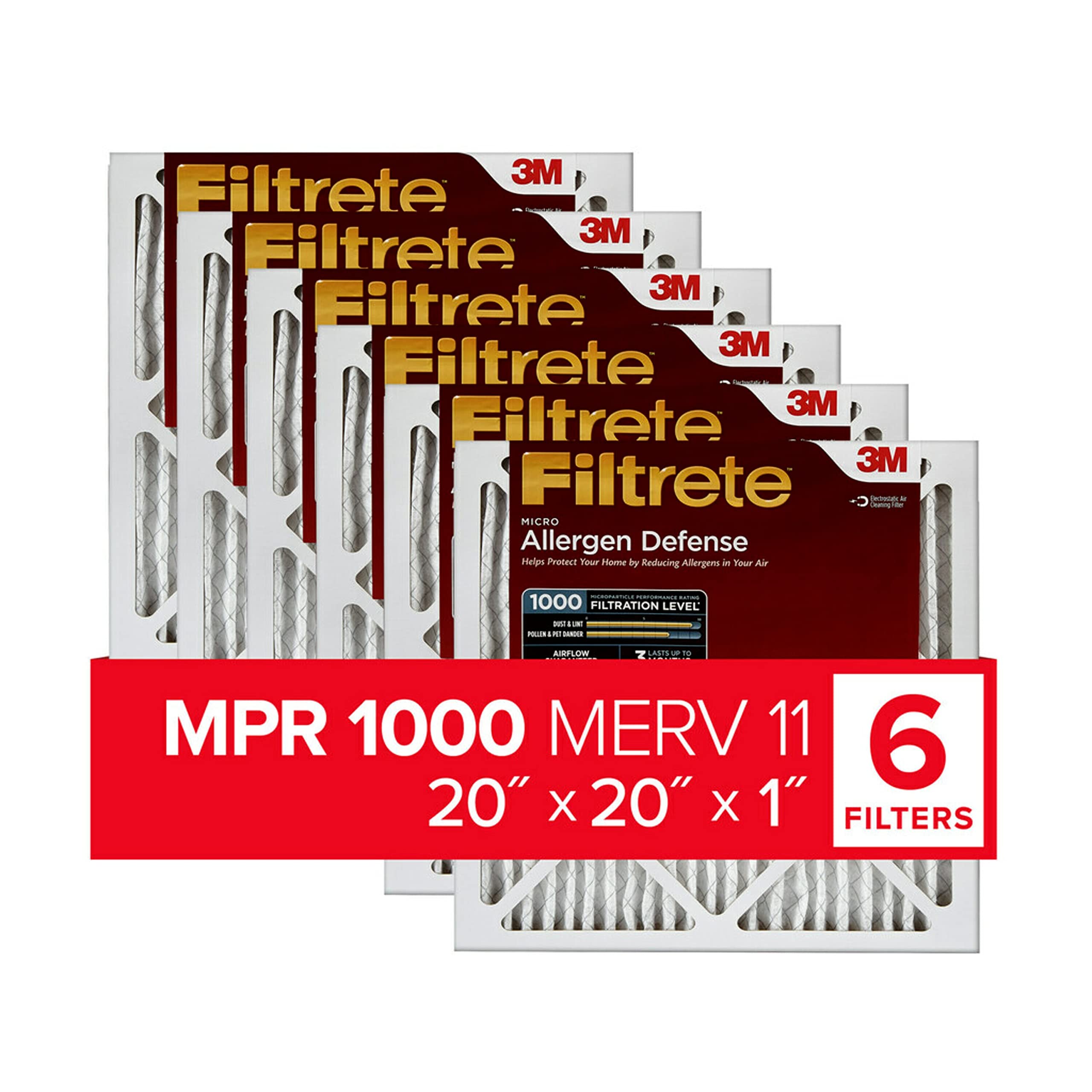 Filtrete 20x20x1 Air Filter MPR 1000 MERV 11, Allergen Defense, 6-Pack (exact dimensions 19.69x19.69x0.81)