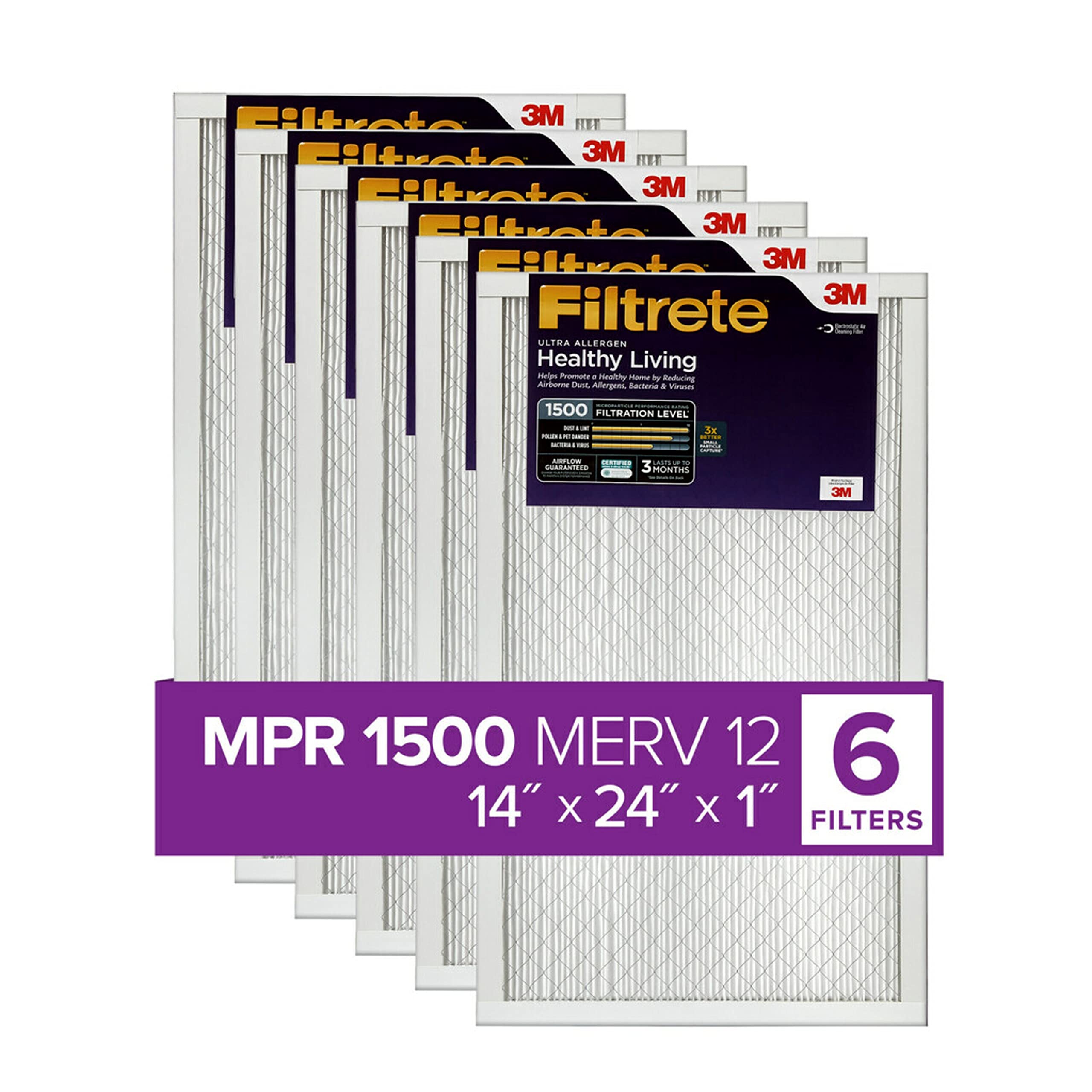 Filtrete 14x24x1 Air Filter, MPR 1500, MERV 12, Healthy Living Ultra-Allergen 3-Month Pleated 1-Inch Air Filters, 6 Filters