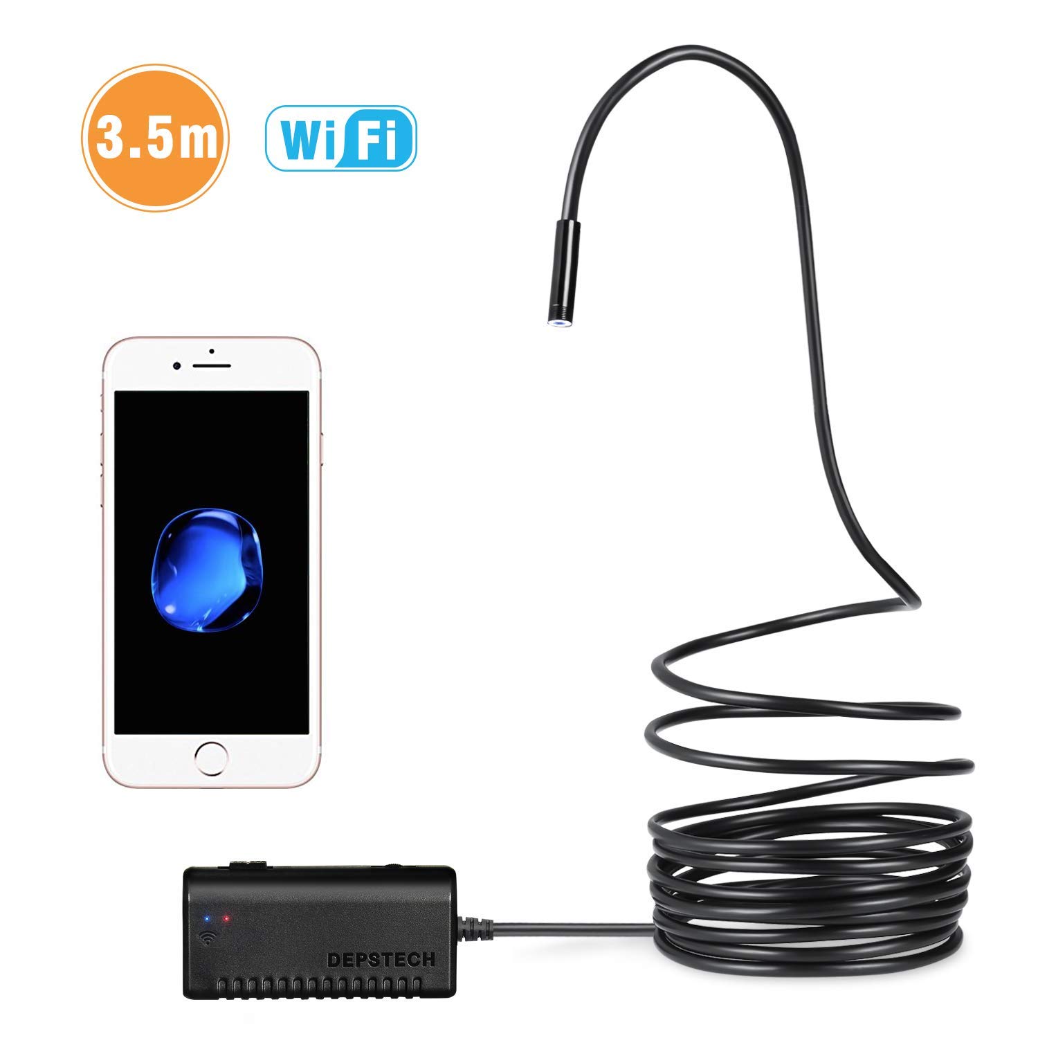 Depstech Wireless Endoscope, WiFi Borescope Inspection Camera 2.0 Megapixels HD Snake Camera for Android and IOS Smartphone, iPhone, Samsung, Tablet - Black(11.5FT)