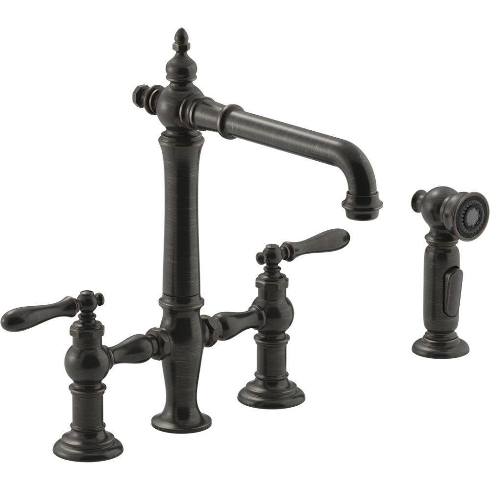 KOHLER 76519-4-2BZ K-76519-4-2BZ Artifacts Deck-Mount Bridge Kitchen Sink Faucet with Lever Handles and sidespray Oil-Rubbed Bronze