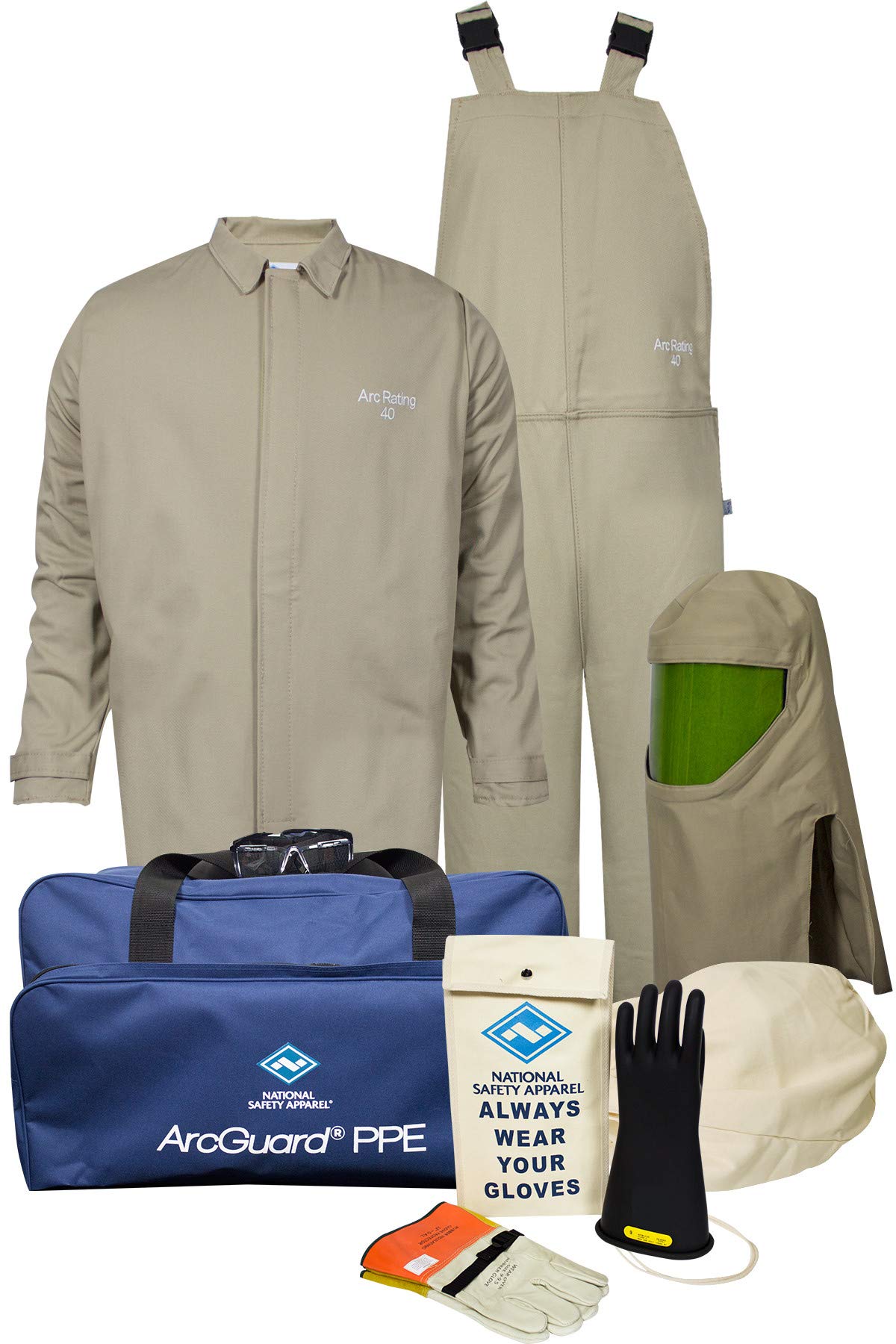 National Safety Apparel KIT4SC40ECSM12 ArcGuard Contractor CAT 4 Arc Flash Kit with FR Short Coat and Bib Overall, 40 Calorie, Small/Glove Size 12, Khaki