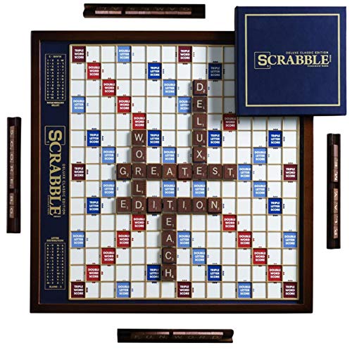 WS Game Company Scrabble Deluxe Edition with Rotating Wooden Game Board