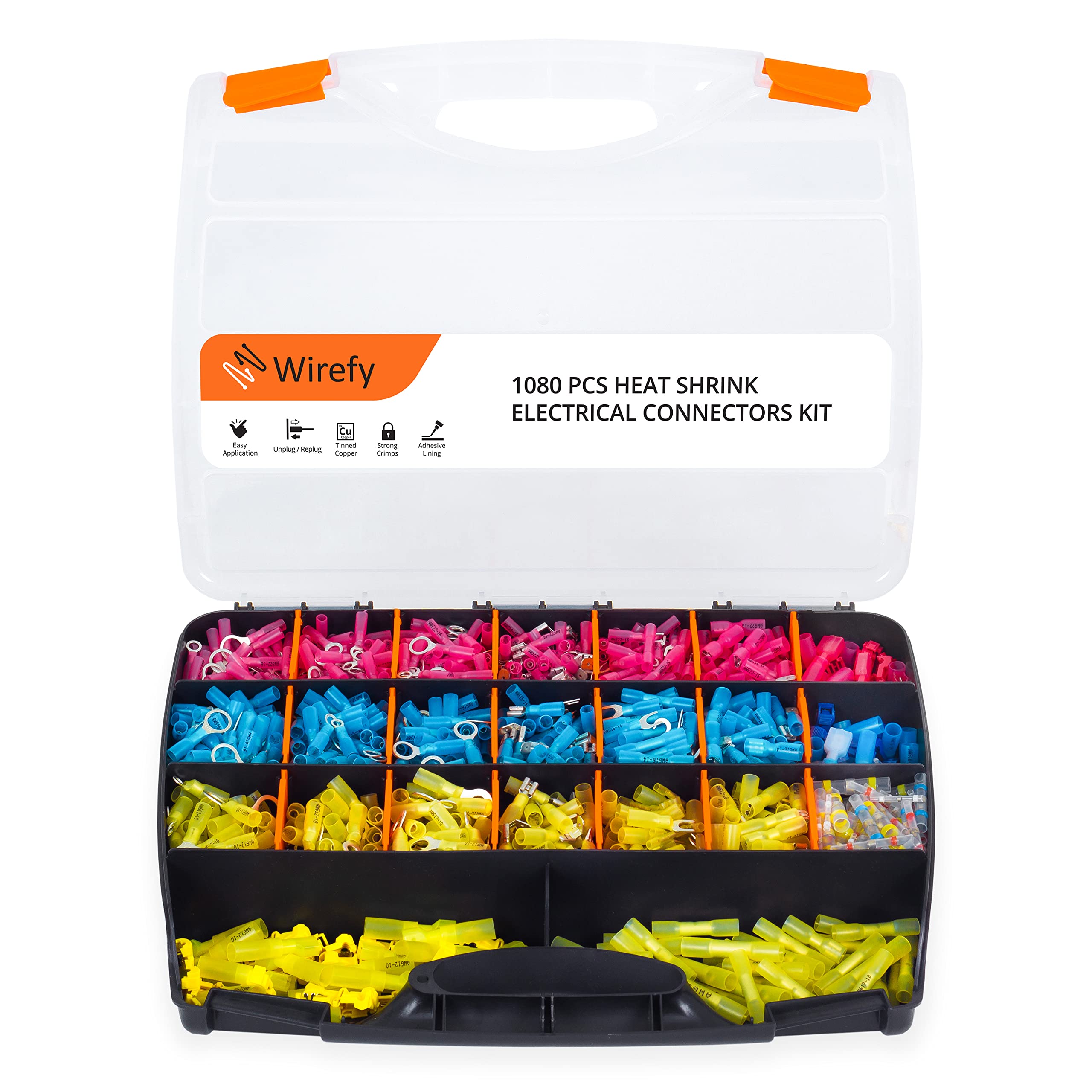 Wirefy Heat Shrink Wire Connectors Kit - Marine Grade Electrical Connectors - Automotive Crimp Terminals - Insulated Ring Spade Fork Hook Butt Splices