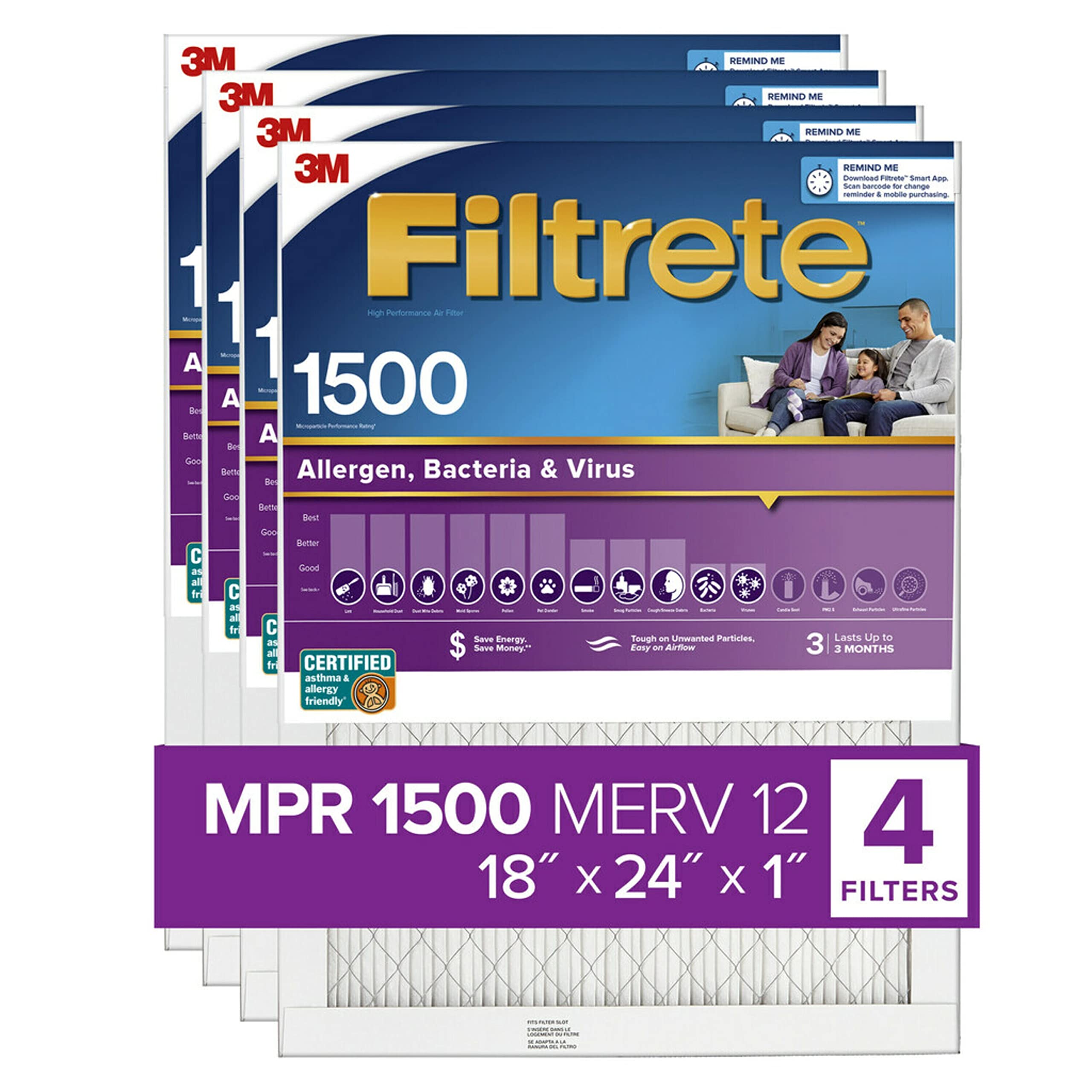 Filtrete 18x24x1 Air Filter, MPR 1500, MERV 12, Healthy Living Ultra-Allergen 3-Month Pleated 1-Inch Air Filters, 4 Filters