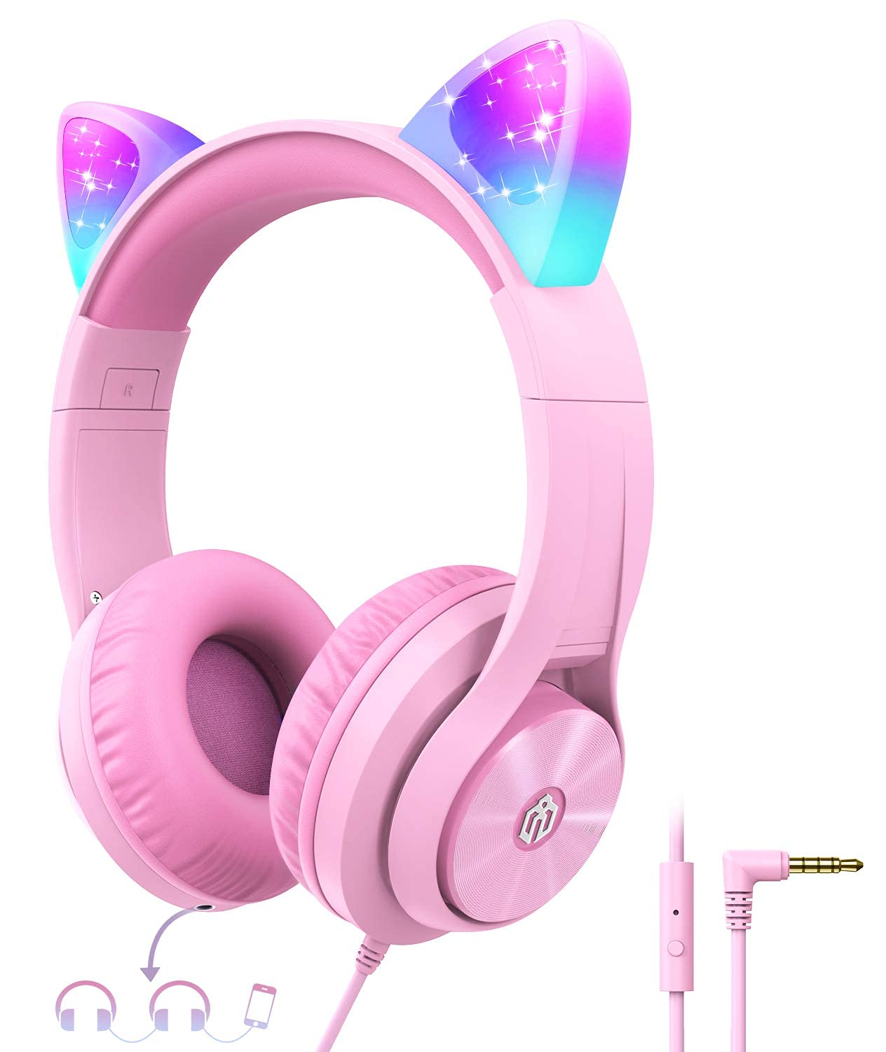 iClever Cat Ear Led Light Up Kids Headphones with Microphone, HS20 Wired Headphones -Shareport- 94dB Volume Limited, Foldable Over-Ear Headphones for Kids/School/iPad/Tablet/Travel (Medium, Pink)