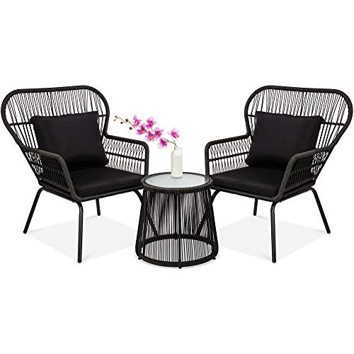 Best Choice Products 3-Piece Patio Wicker Conversation Bistro Set w/ 2 Chairs, Glass Top Side Table, Cushions - Black