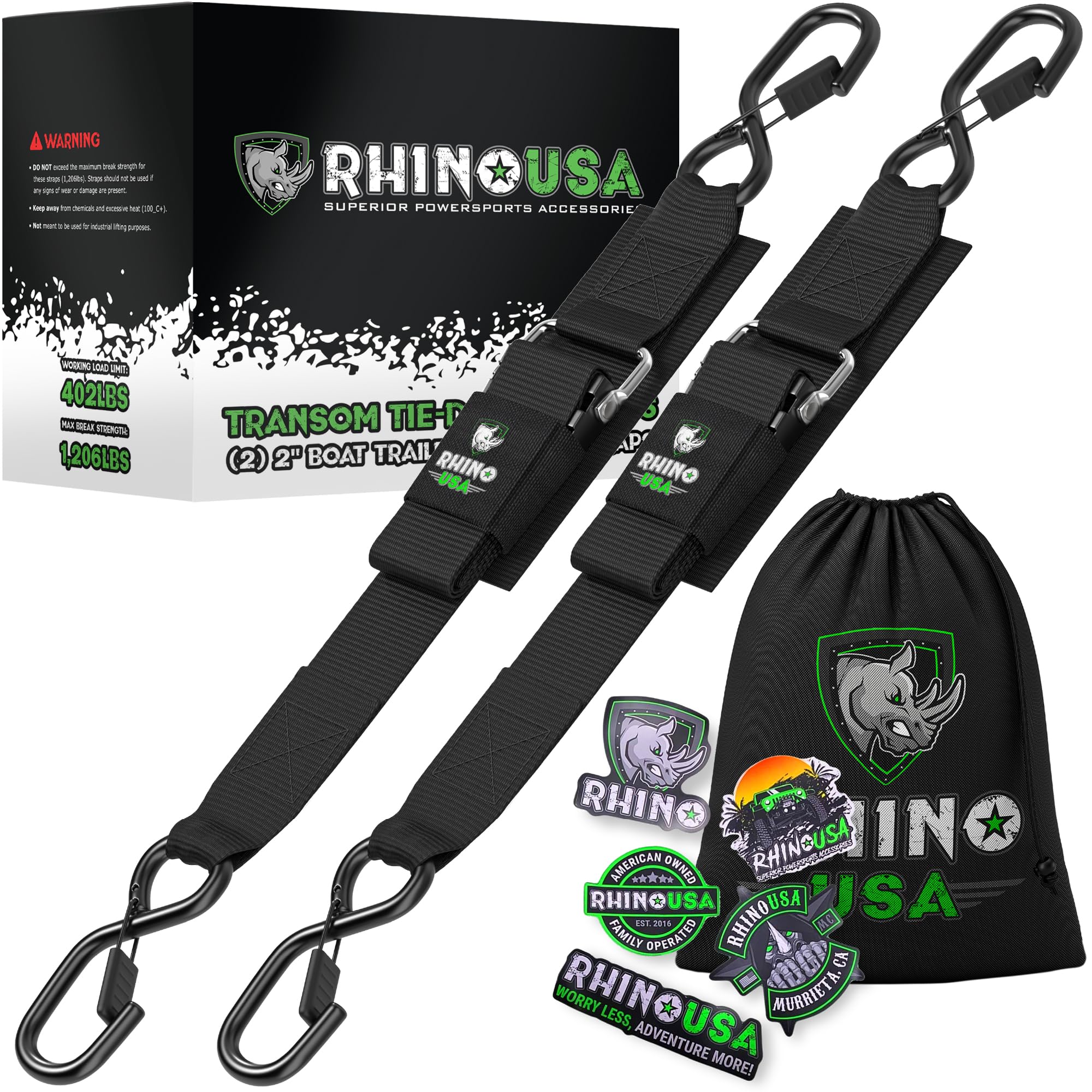 Rhino USA Boat Trailer Transom Straps (2PK)- Heavy Duty 2 inch x 48 inch Adjustable Straps for Trailering