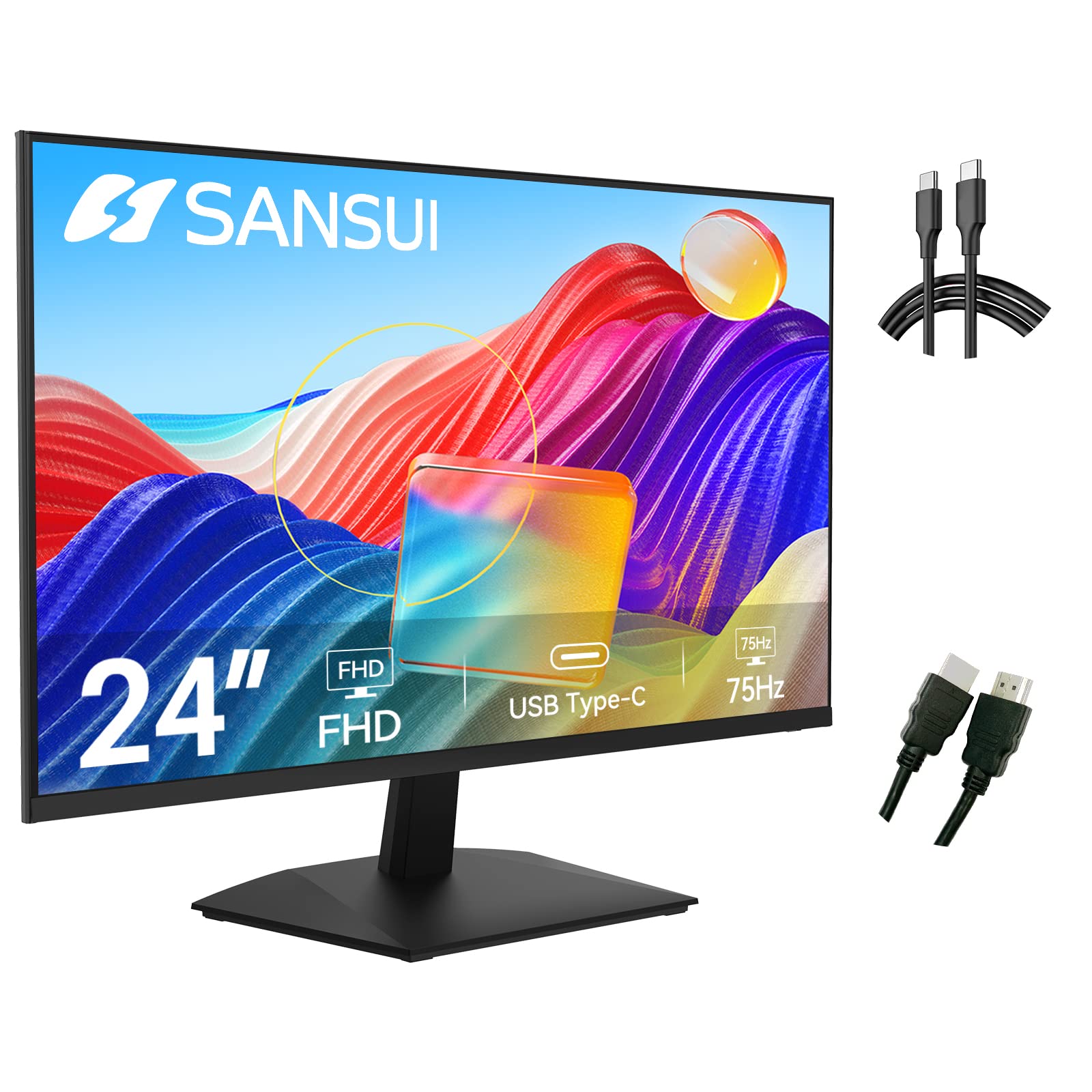 Sansui Monitor 24 inch FHD PC Monitor with USB Type-C, Built-in Speakers Earphone, Ultra-Slim Ergonomic Tilt Eye Care 75Hz with HDMI VGA for Home Office (ES-24F1 Type-C Cable & HDMI Cable Included)