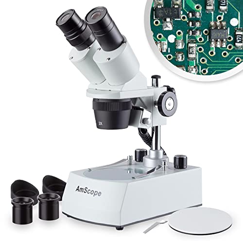  AmScope SE306R-PZ-LED Forward-Mounted Binocular Stereo Microscope, WF10x and WF20x Eyepieces, 20X/40X/80X Magnification, 2X and 4X Objectives, Upper and Lower LED Lighting, Reversible Black/White Stage...