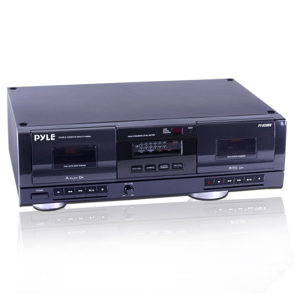 Pyle Dual Stereo Cassette Tape Deck - Clear Audio Double Player Recorder System w/ MP3 Music Converter, RCA for Recording, Dubbing, USB, Retro Design - For Standard / CrO2 Tapes, Home Use -  PT659DU