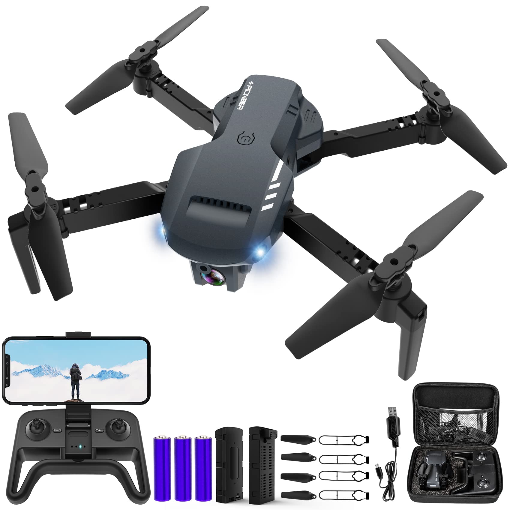 RADCLO Mini Drone with Camera - 1080P HD FPV Foldable Drone with Carrying Case, 2 Batteries, 90° Adjustable Lens, One Key Take Off/Land, Altitude Hold, 360° Flip, Toys Gifts for Kids and Adults