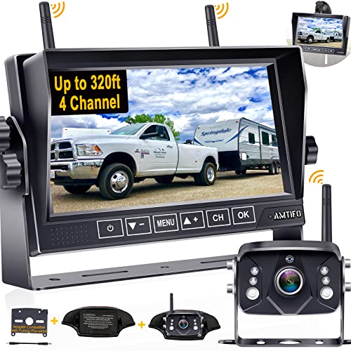 AMTIFO RV Backup Camera Wireless HD 1080P Trailer Bluetooth Rear View Cam System Touch Key 7'' DVR Monitor Split Screen 4 Channels for Truck Camper Adapter for Furrion Pre-Wired RVs  A7