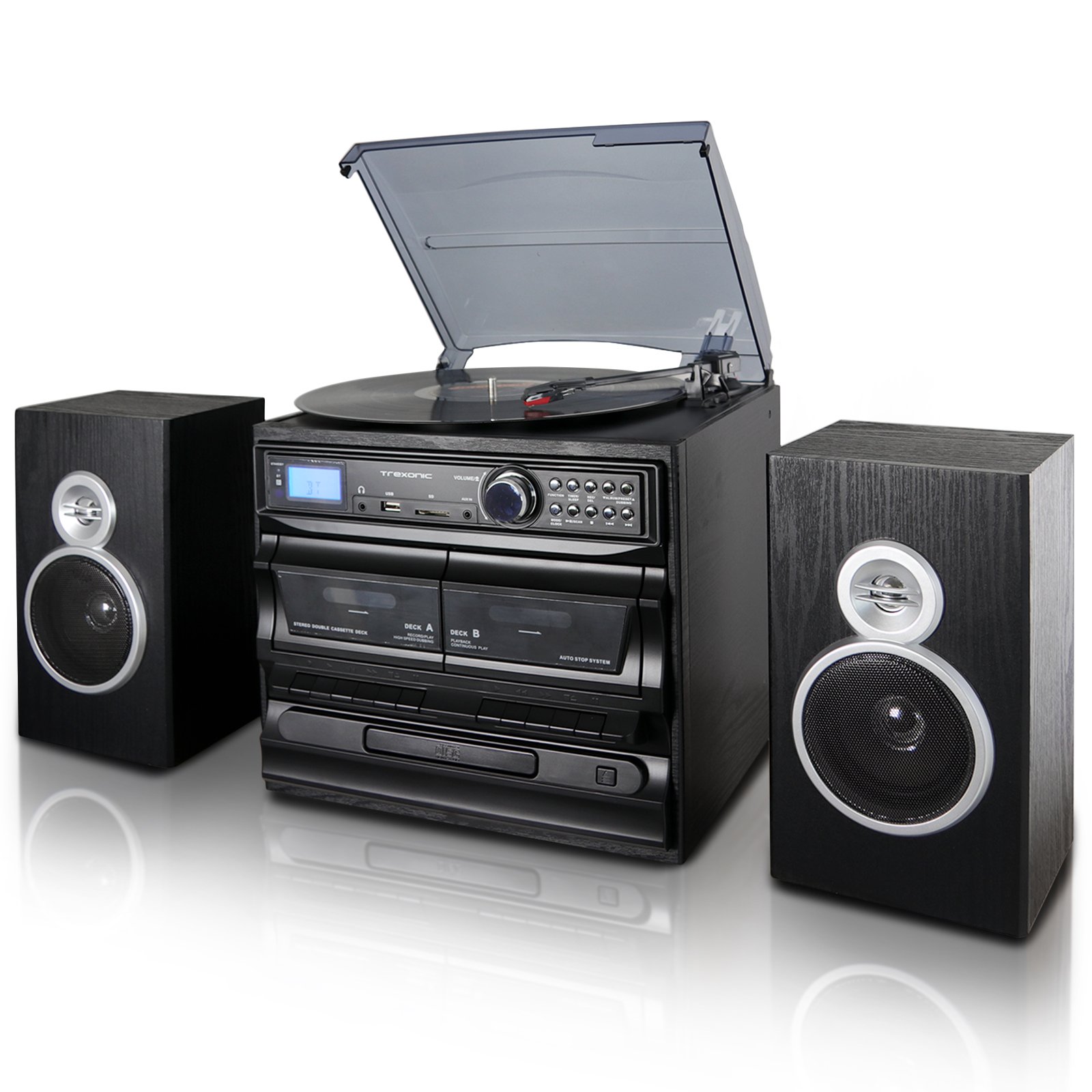 Trexonic 3-Speed Turntable with CD Player, Dual Cassette Player, Bt, FM Radio & USB/SD Recording and Wired Shelf Speakers